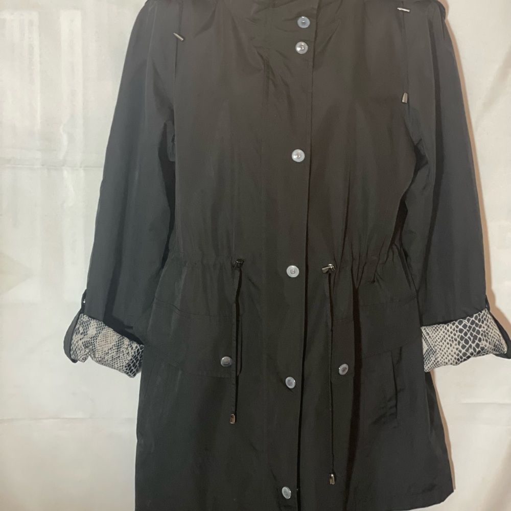 Dress Barn Black Trench Coat with Patterned Cuffs